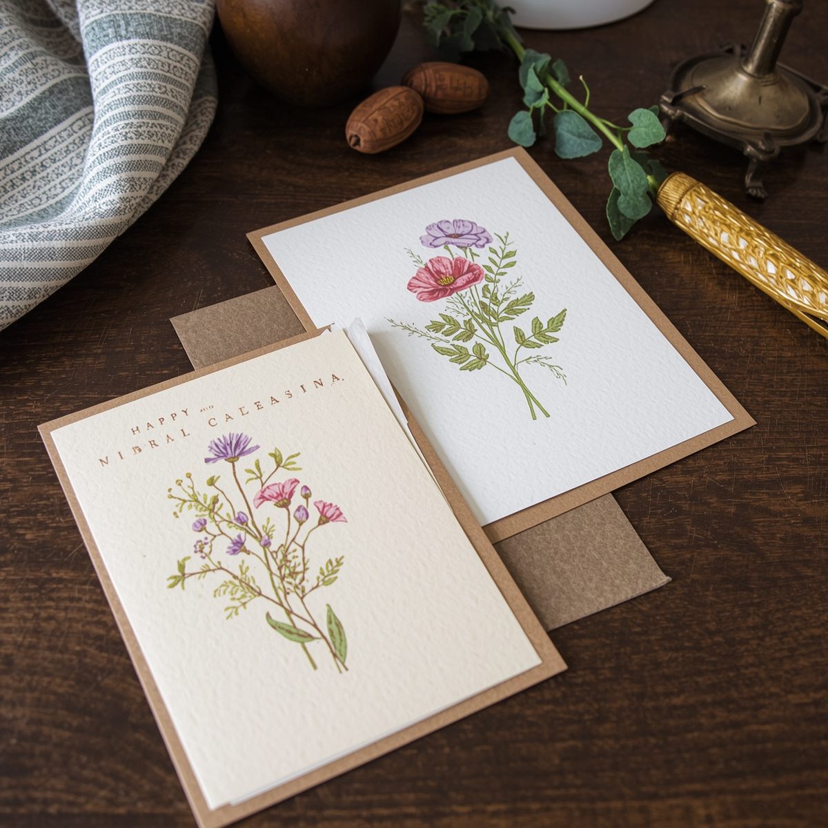 Best-selling handmade greeting card with botanical illustration and brass accent tag