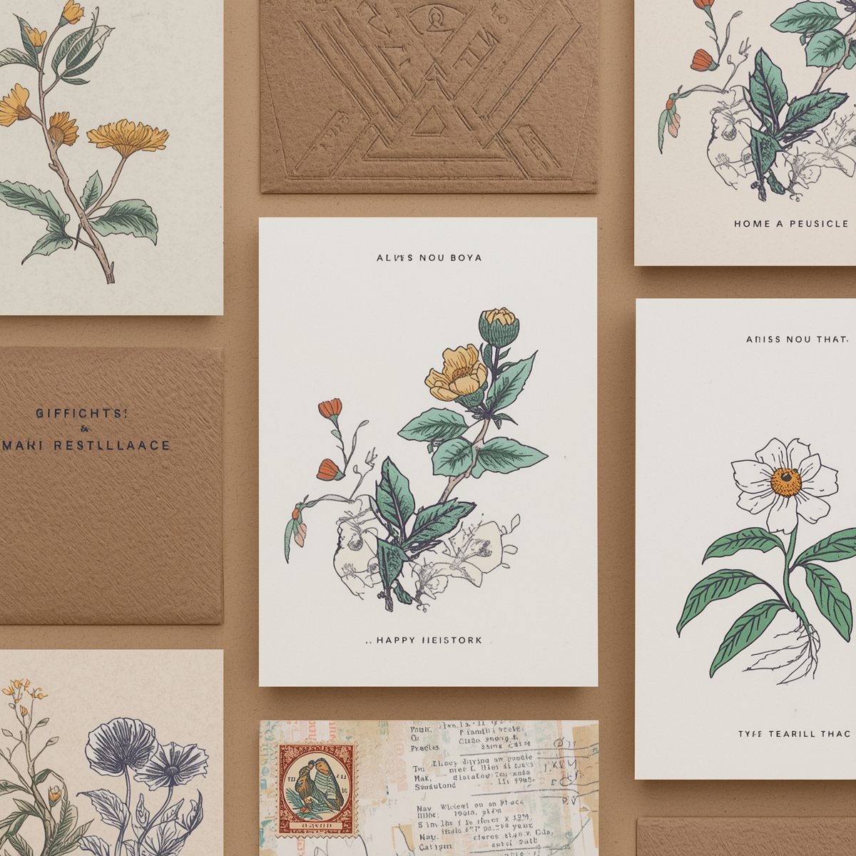 Handcrafting tools including brushes, inks, and cutting implements arranged on a wooden workbench